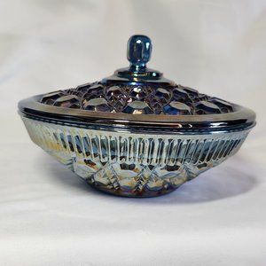 Carnival Glass Candy Dish with Lid Blue Iridescent Vintage Indiana Windsor